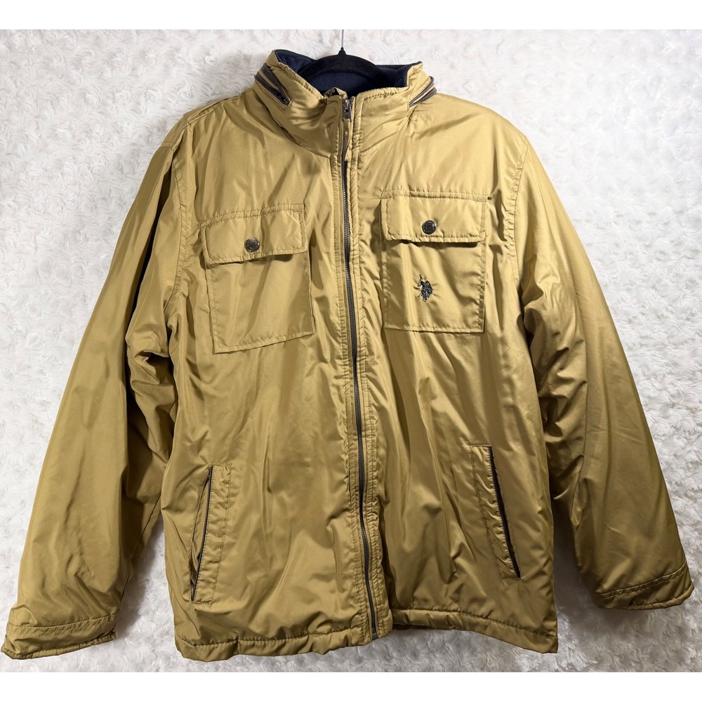 US Polo Assn Mens Large Tan Puffer Jacket Full Zip Hooded Coat